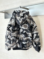 Balenciaga camo fleece zip-up jacket with hood, black and beige, back view