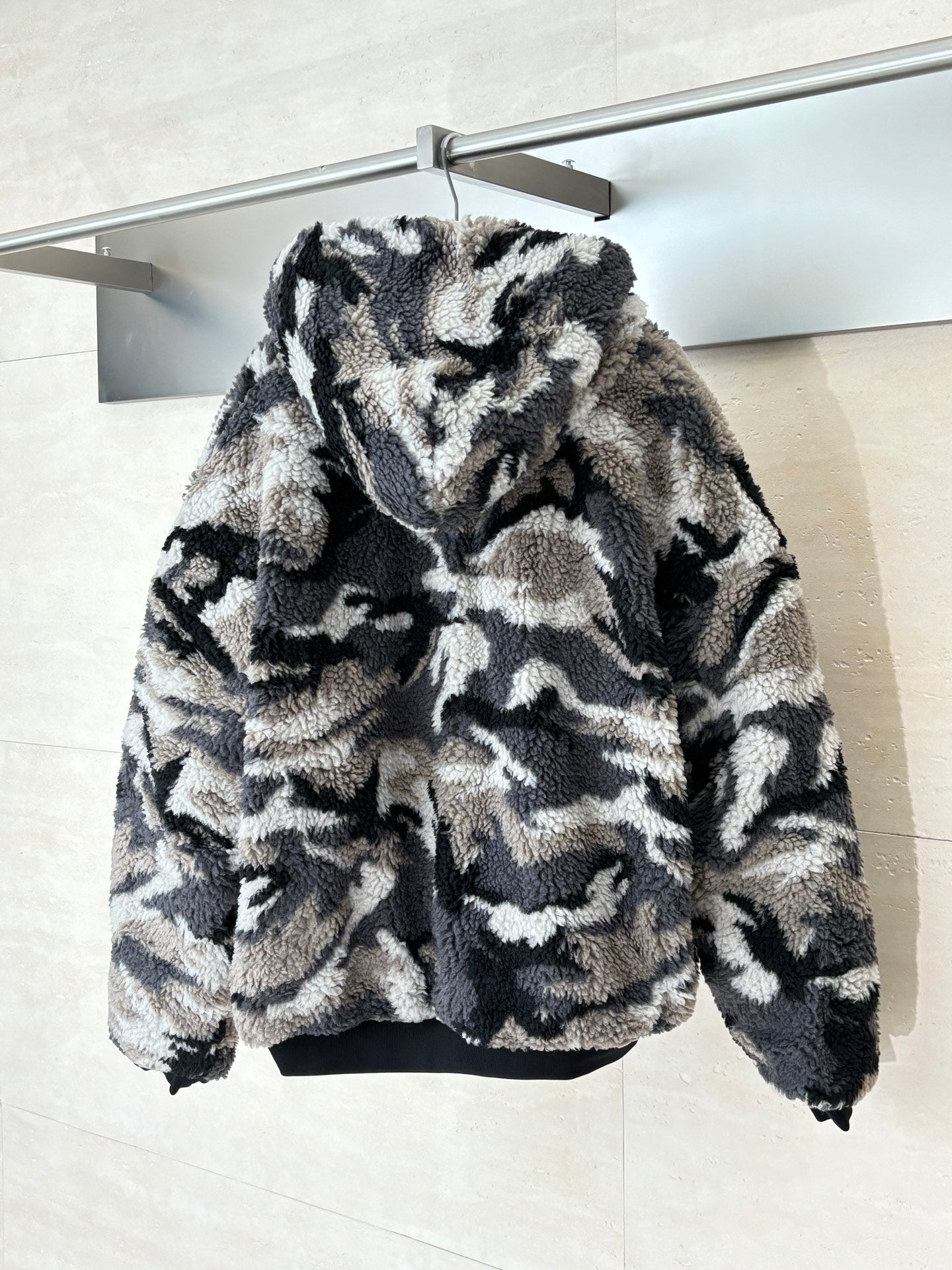 Balenciaga camo fleece zip-up jacket with hood, black and beige, back view