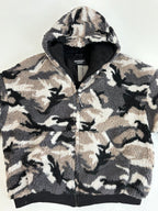 Balenciaga camo fleece jacket with hood and front zipper, black and beige