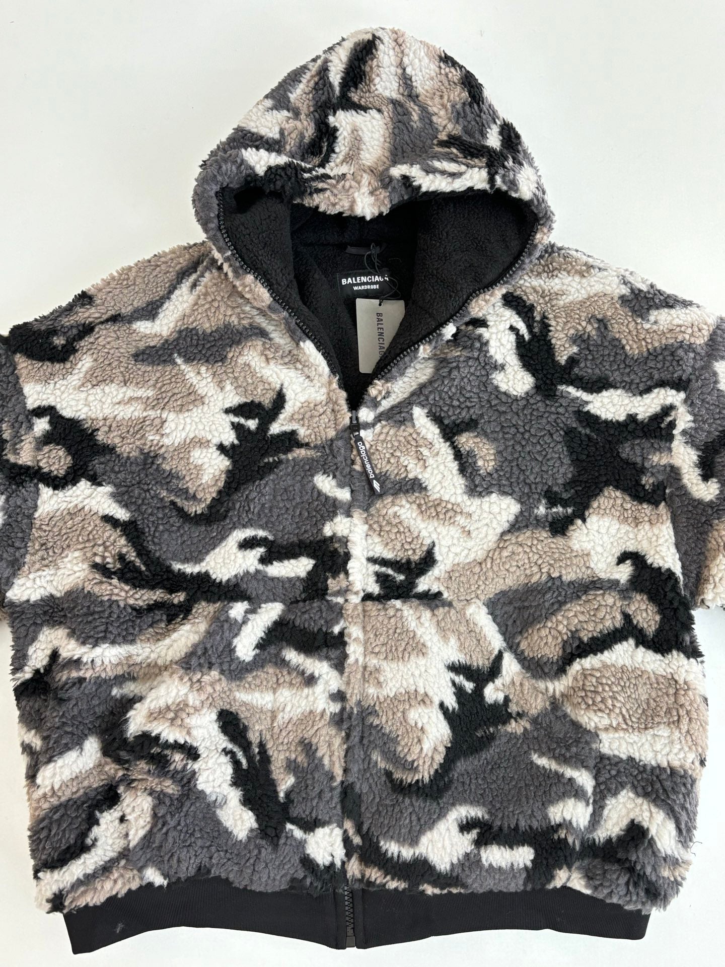 Balenciaga camo fleece jacket with hood and front zipper, black and beige