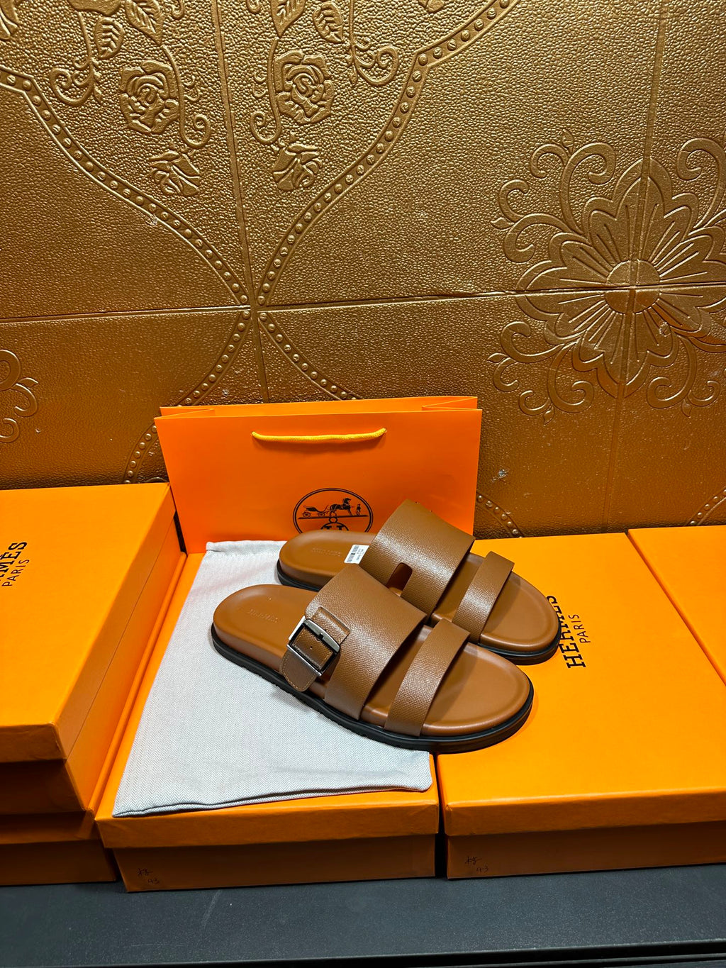 Hermes tan-brown leather sandals with double band straps and square buckle
