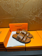 Hermes tan-brown leather sandals with double band straps and square buckle