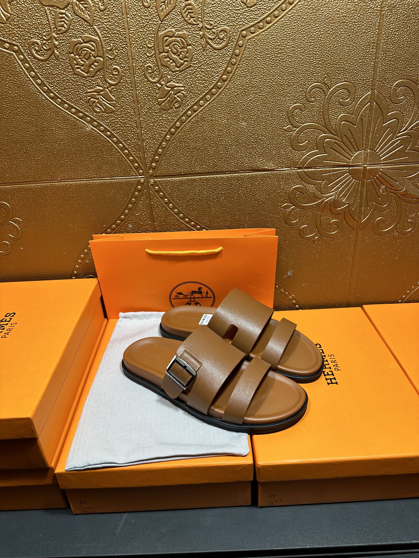 Hermes tan-brown leather sandals with double band straps and square buckle