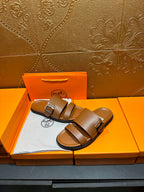 Hermes tan-brown leather sandals with two bands and buckle detail