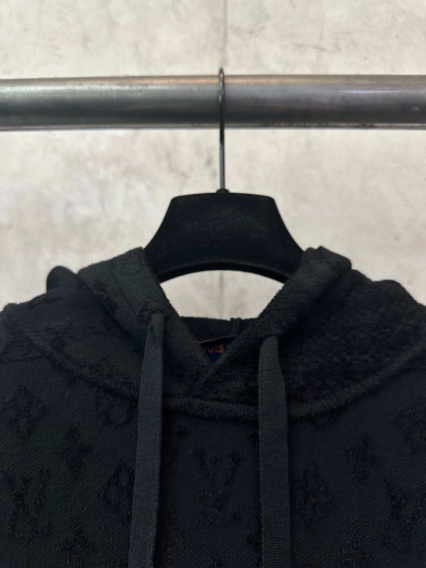 Louis Vuitton monogram hoodie neckline with drawstring hood and inner collar tag