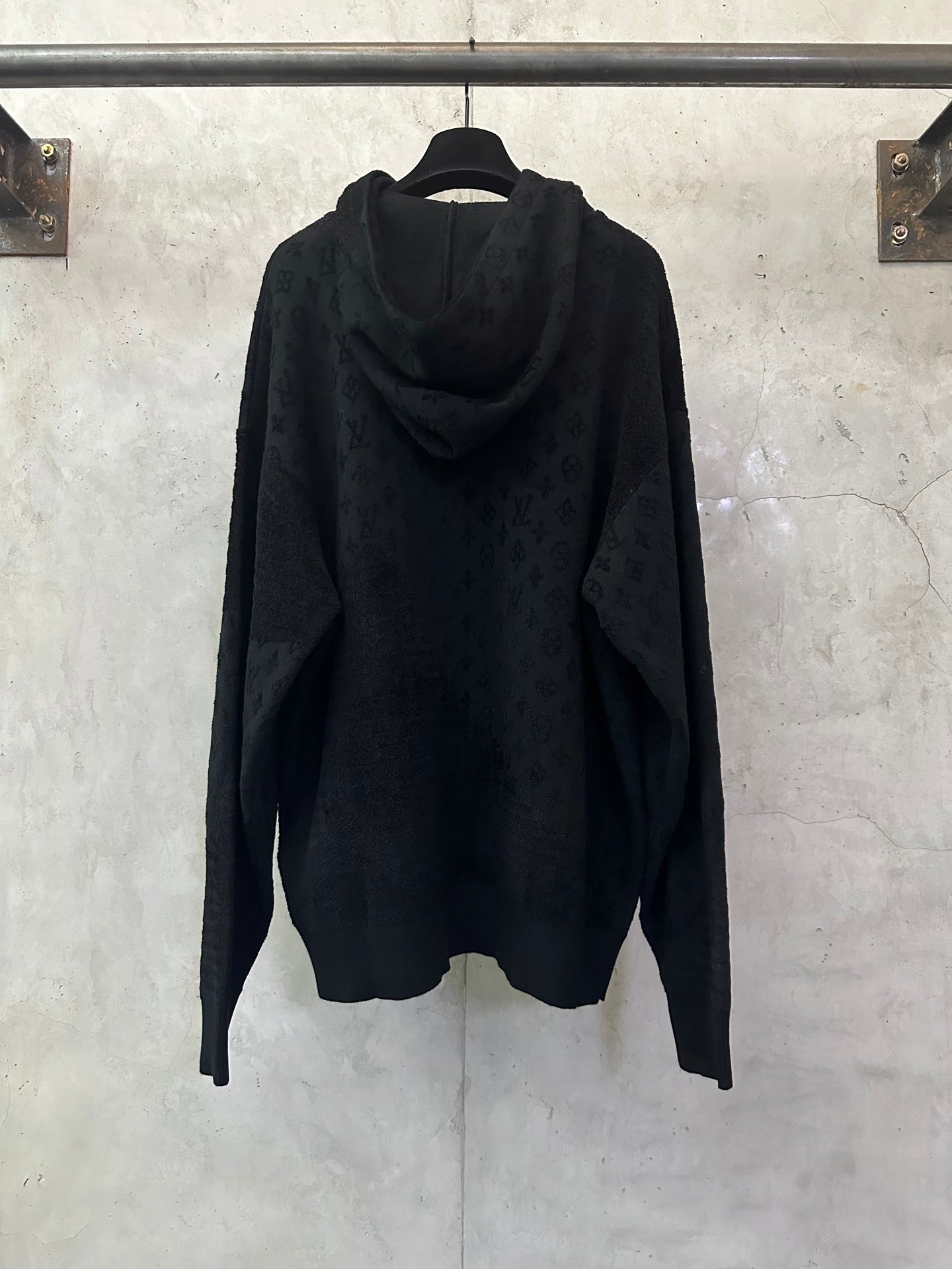 Louis Vuitton monogram hoodie back view with drawstring hood and long sleeves