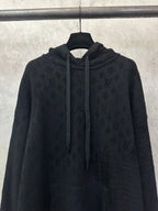 Louis Vuitton monogram hoodie front view with drawstring hood and zipperless placket