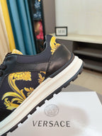 Versace lace-up sneakers, black with yellow baroque print panels and textured rubber sole