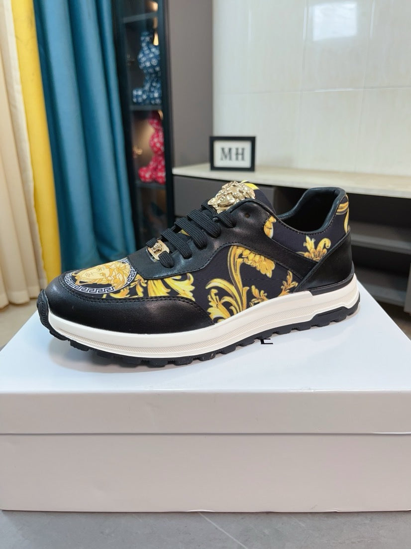 Versace lace-up sneakers, black with gold emblem detail and baroque yellow print, white sole