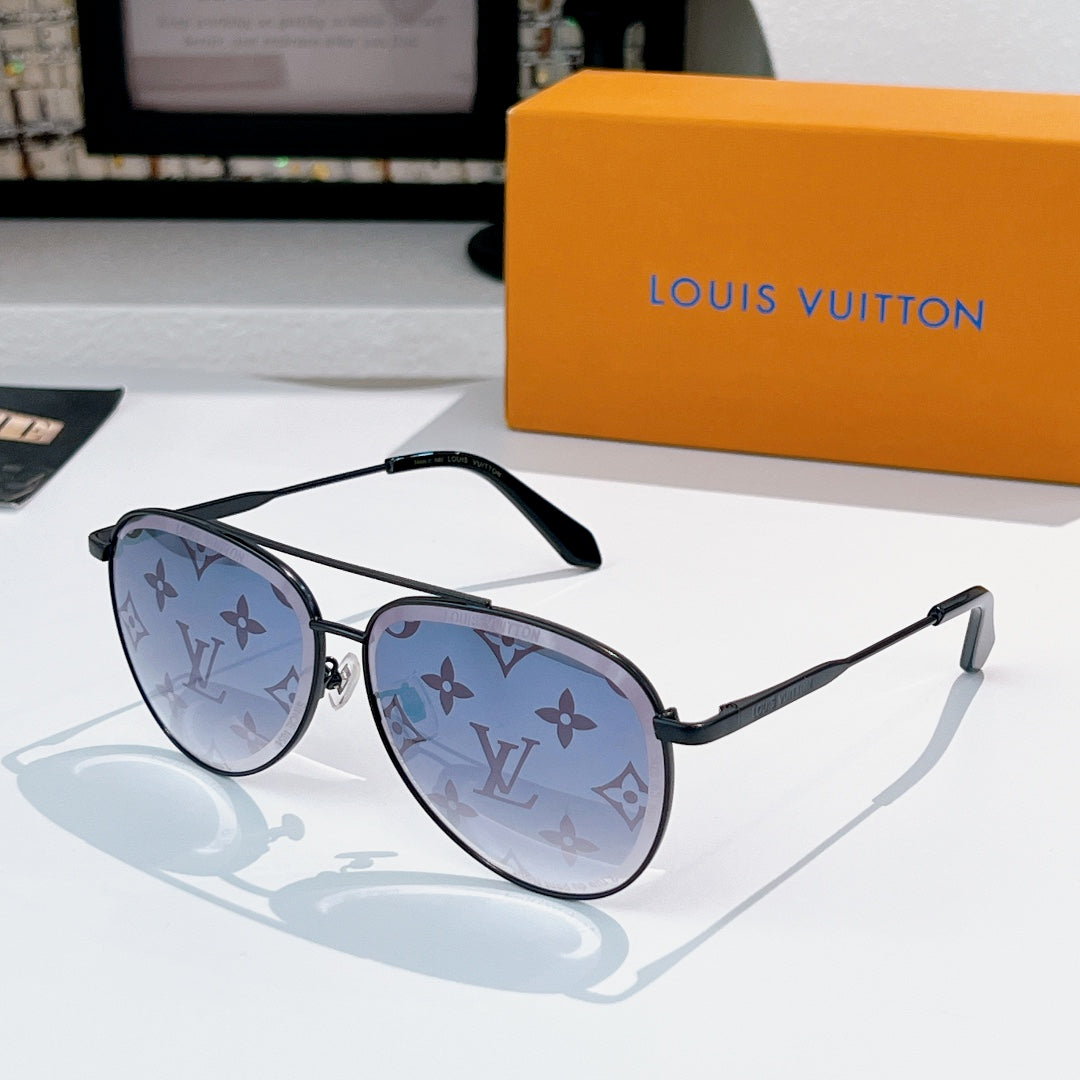Louis Vuitton sunglasses with black frame, blue tinted lenses, and monogram pattern