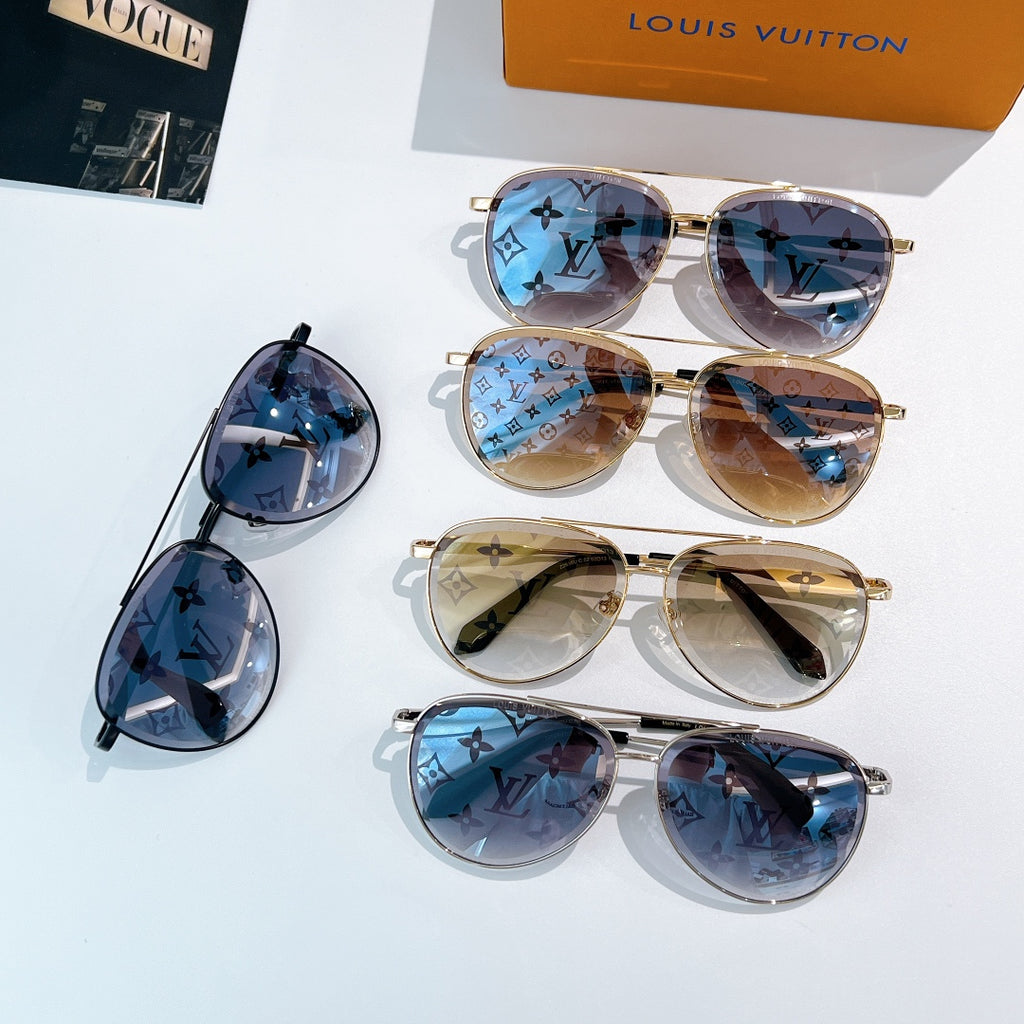 Louis Vuitton sunglasses assortment with blue and gold frames, tinted lenses, and monogram pattern