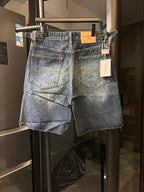 Balenciaga denim shorts with two back pockets and red heart logo embroidery