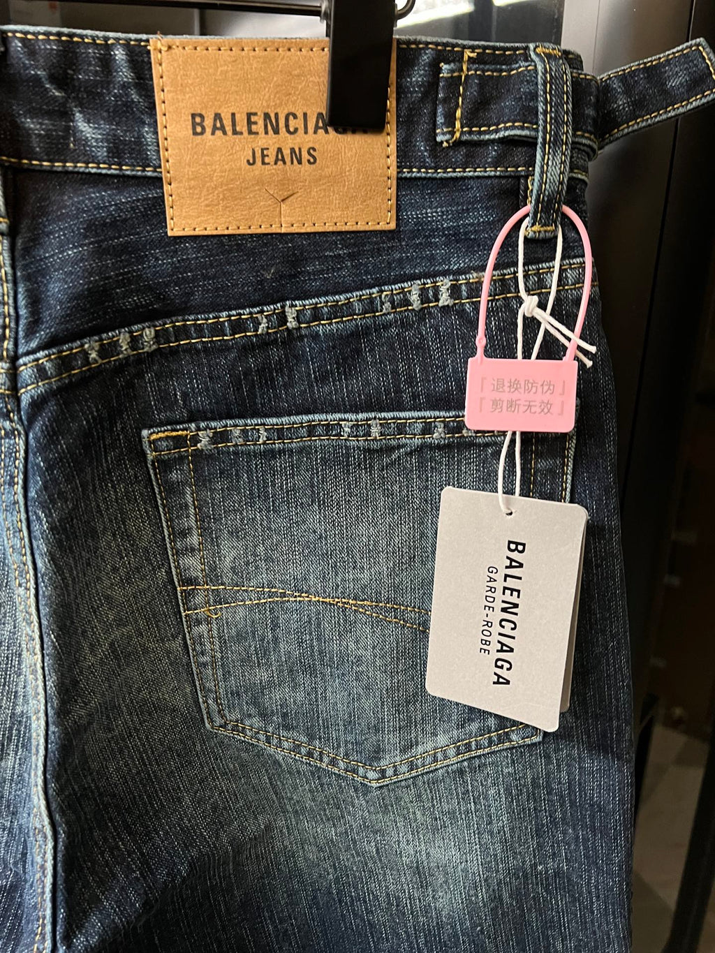Balenciaga denim shorts back pocket with leather logo patch and hanging tags