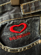 Balenciaga denim shorts red heart logo patch with BALENCIAGA text