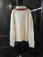Gucci cream knit zip-up sweater, ribbed cuffs, plain back with red side stripe