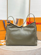 Louis Vuitton bag in olive green leather, front view with top handle