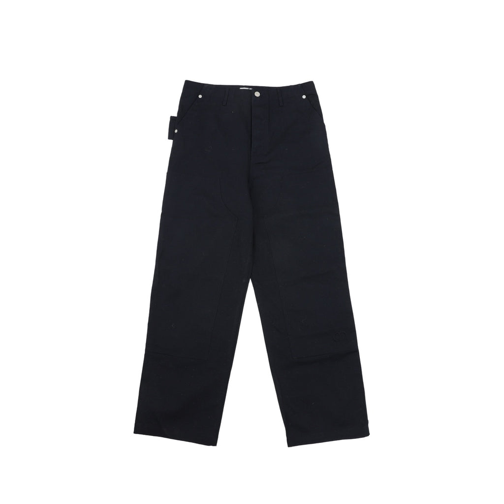 Dark navy tailored pants with button closure and belt loops
