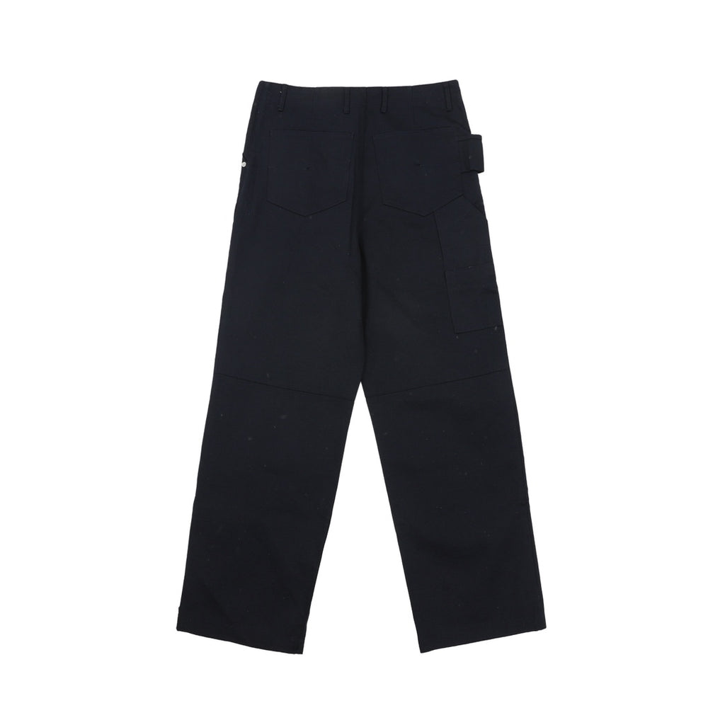 Dark navy wide-leg pants with side patch pockets and button closure