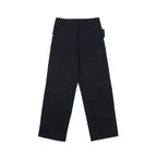 Dark navy wide-leg pants with side patch pockets and button closure