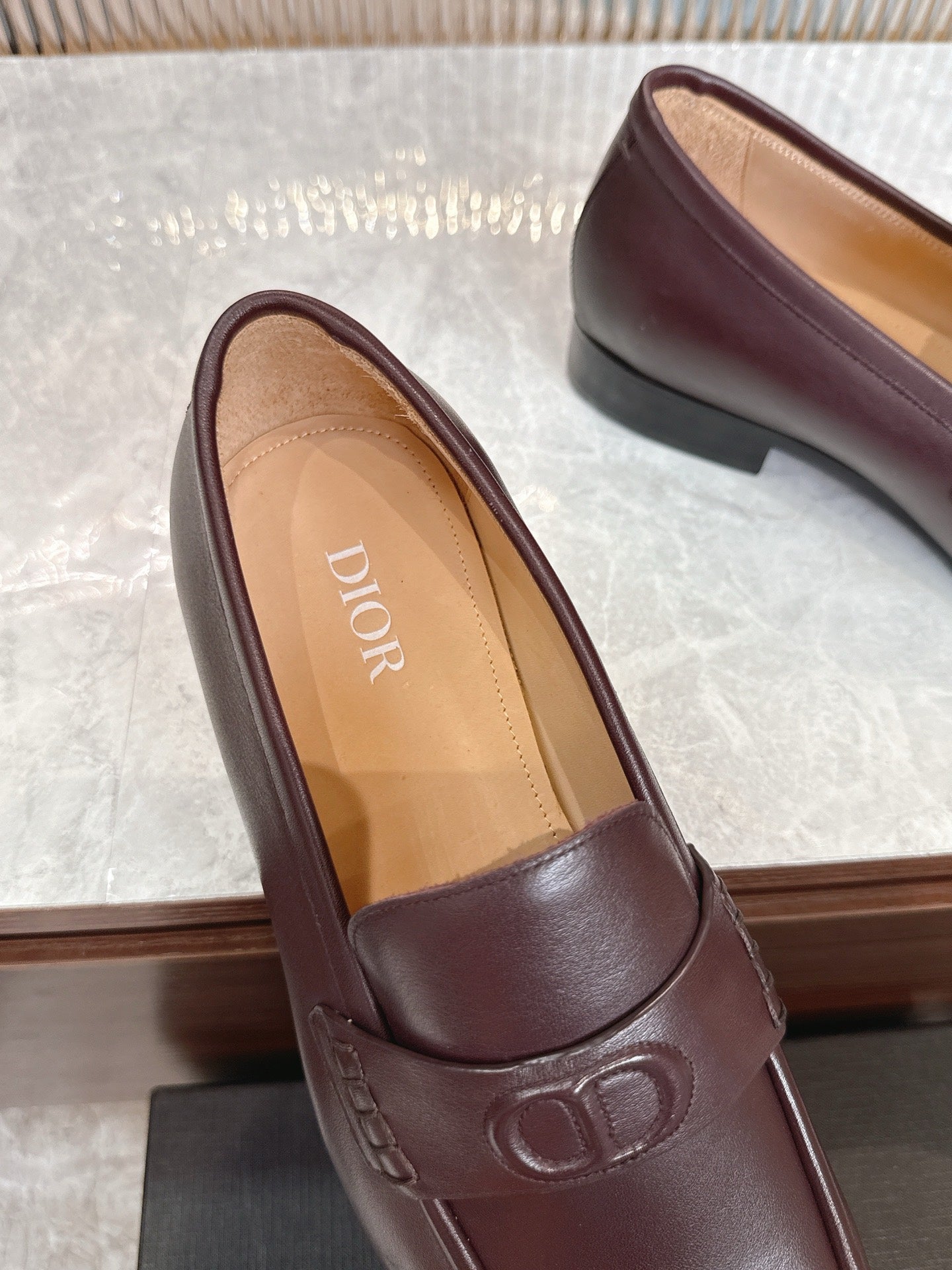 Burgundy leather loafer, DD strap detail with tan interior lining