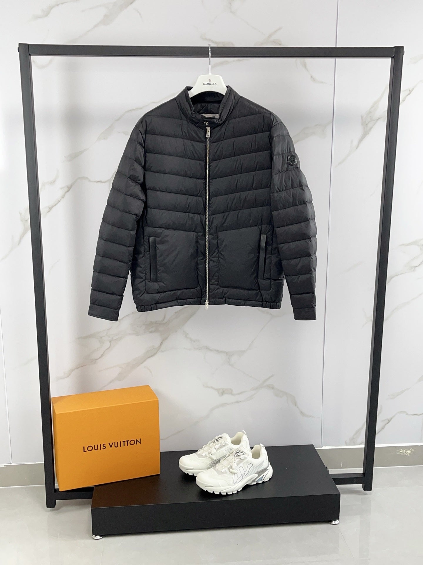 Moncler long padded jacket, dark gray, quilted puffer with front zipper.