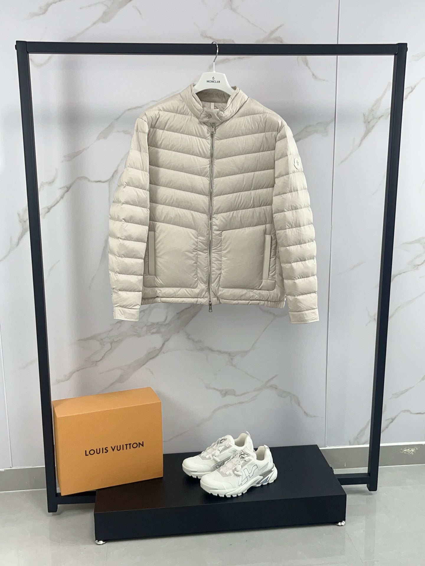 Moncler light beige quilted puffer jacket with full zip and stand collar
