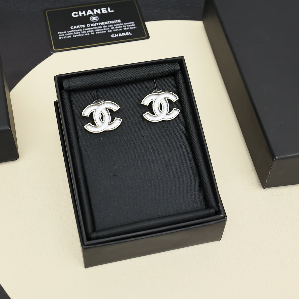 Chanel CC logo earrings with silver-tone and black enamel in gift box