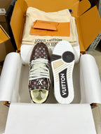 Louis Vuitton trainer shoes with dark brown monogram uppers and VUITTON-branded outsole