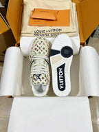 Louis Vuitton sneakers showing outsole with “LOUIS VUITTON” text and monogram-patterned upper