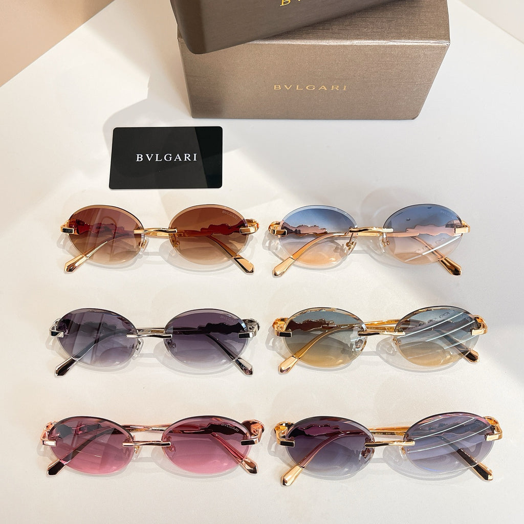 Bvlgari sunglasses display with multiple round pairs, tinted lenses, gold-tone frames