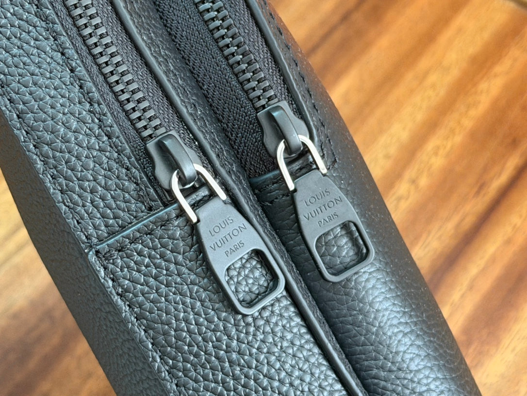 Louis Vuitton men's crossbody bag dual top zippers with metal rings and logo tags
