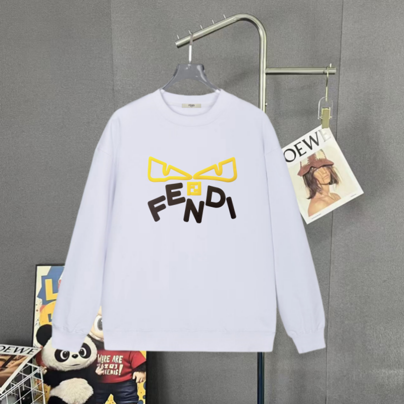 Fendi long-sleeve sweatshirt, white, crew neck, yellow and black logo graphic on chest