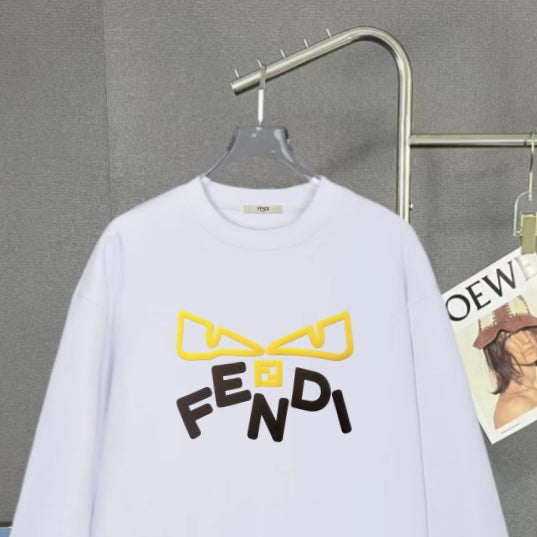 Fendi long-sleeve sweatshirt, white crew neck, large yellow and black logo graphic