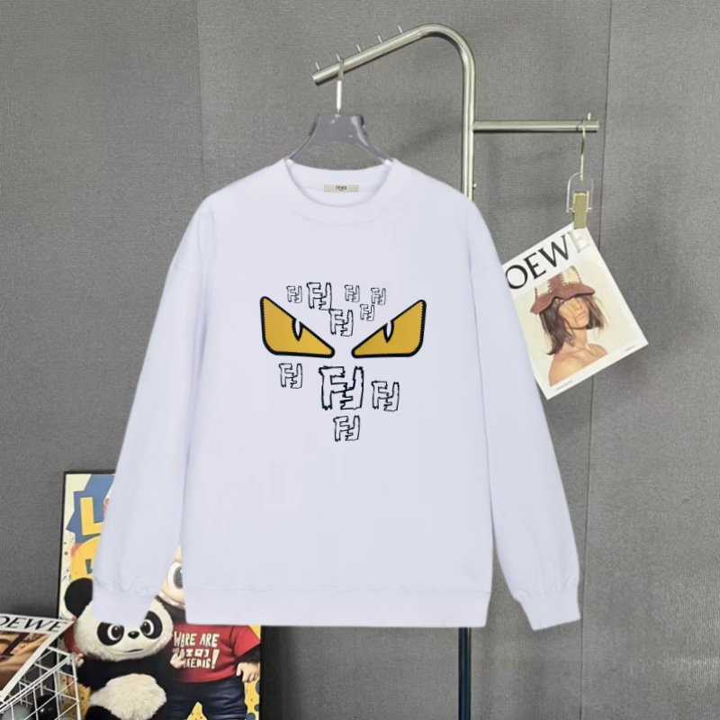 White crew-neck long-sleeve sweatshirt with yellow eye-like graphic and black letter pattern