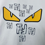 White sweatshirt front with large yellow eye graphic and black F-shaped letter symbols