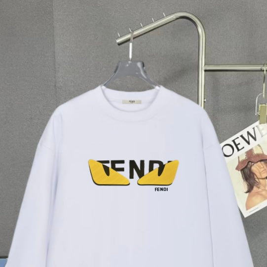 White Fendi long-sleeve sweatshirt, front view with FENDI logo and Fendi label
