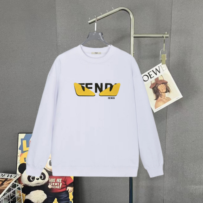 White Fendi long-sleeve sweatshirt with yellow logo graphic at chest