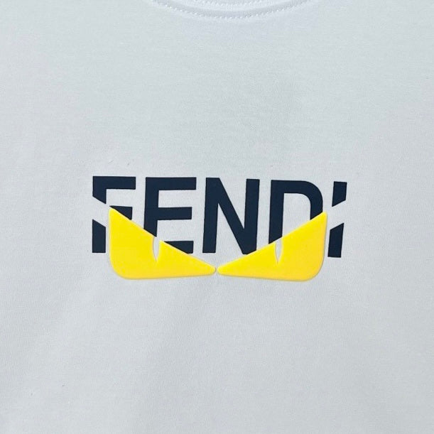 FENDI lettering and yellow graphic logo on white sweatshirt