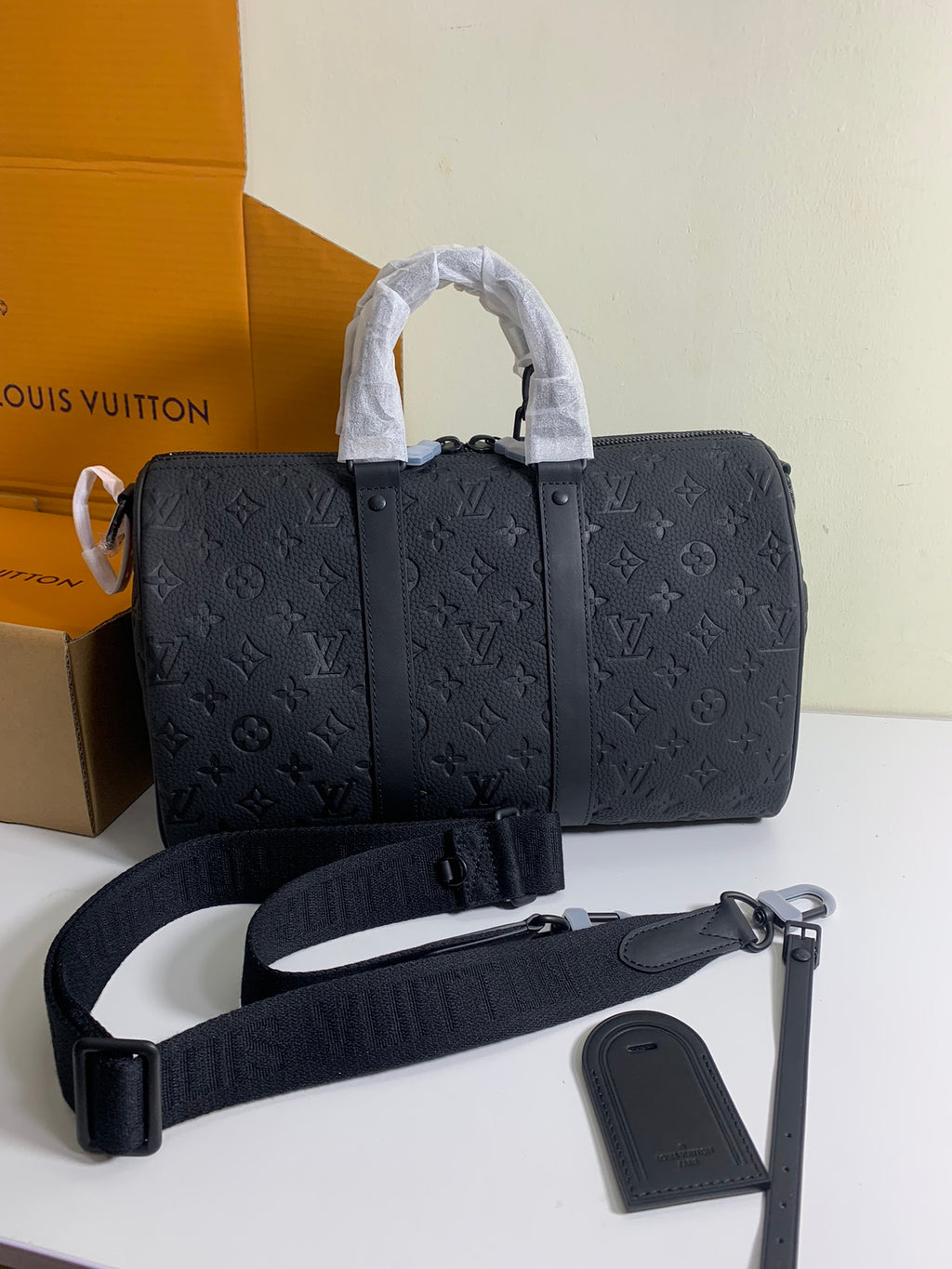 Louis Vuitton monogram handbag with detachable strap and small pouch, dark gray/black