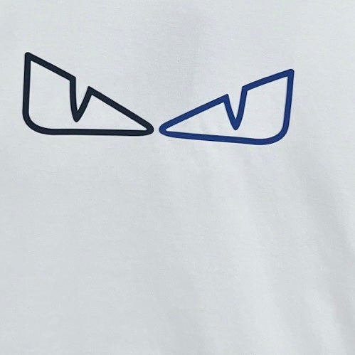 White sweatshirt fabric with blue outlined eye graphic