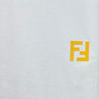 White sweatshirt with small yellow F logo detail at the chest
