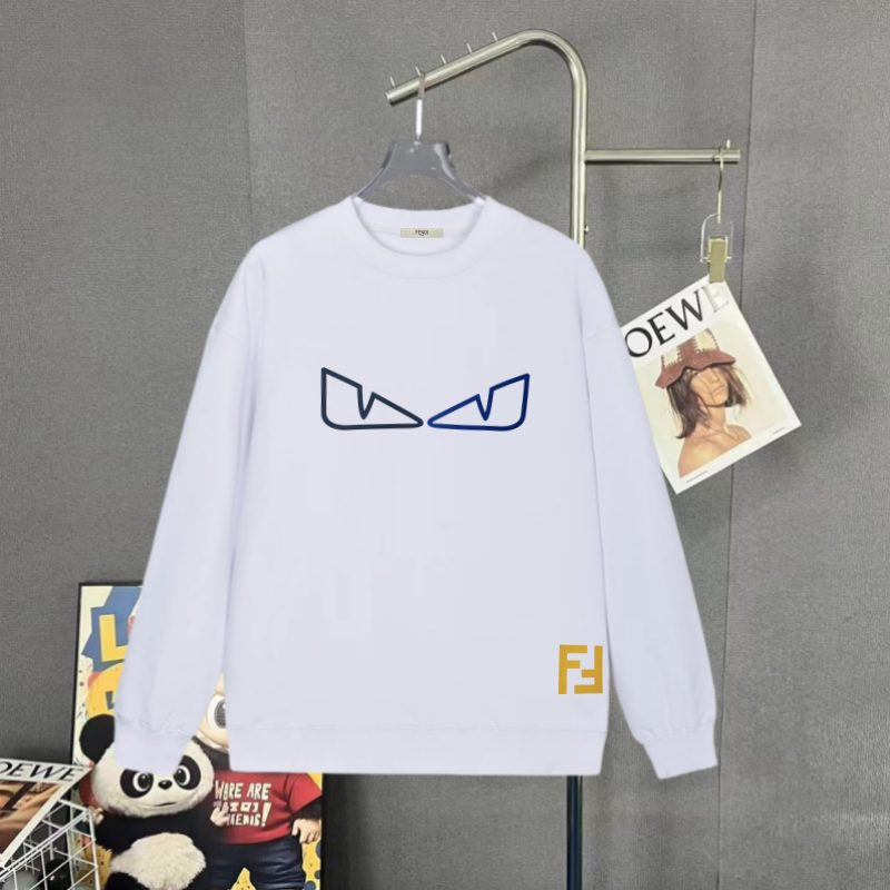 Fendi white long-sleeve sweatshirt with blue eye graphic front, ribbed cuffs
