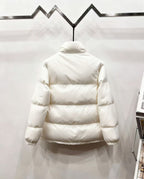 Gucci white puffer jacket, back view with quilted panels and striped waist band