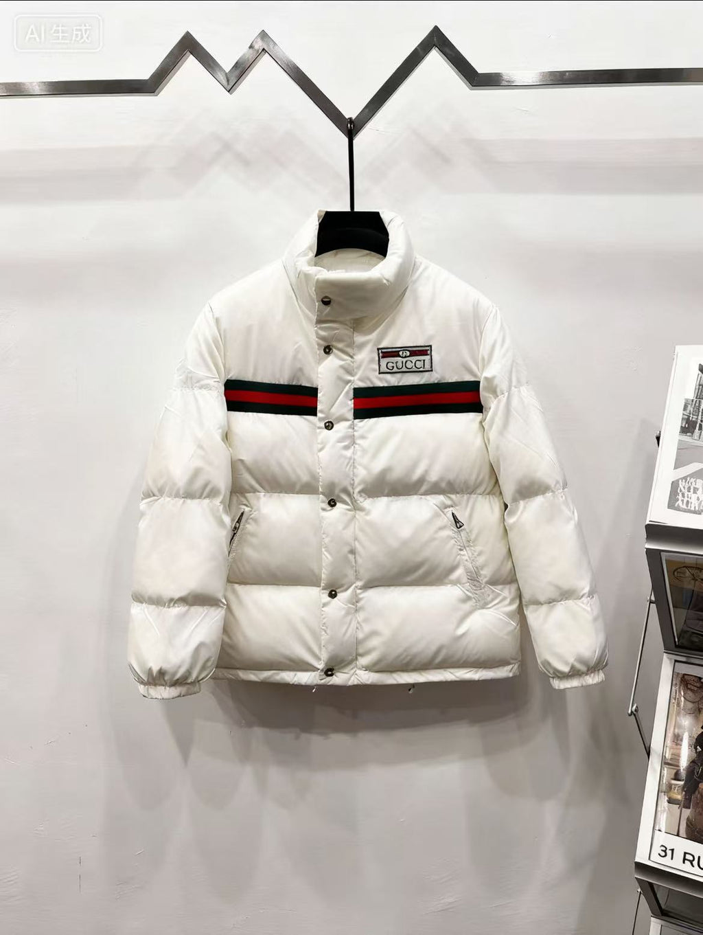 Gucci white puffer jacket with green and red stripe accents and logo patch