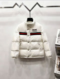 Gucci white puffer jacket with green and red stripe accents and logo patch