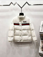 Gucci white puffer jacket with green and red stripe accents and logo patch