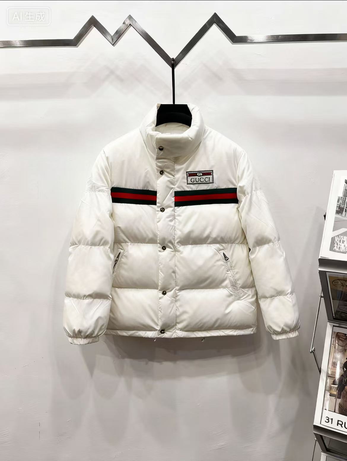 Gucci white puffer jacket with green and red stripe accents and logo patch