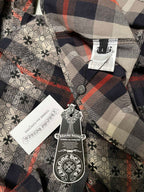 Inside neck label and tags on plaid floral button-up shirt