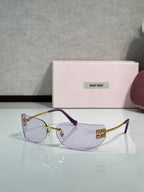 MiuMiu sunglasses with purple-tinted lenses, gold frame, purple temple accents