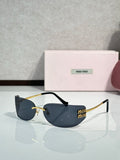 MiuMiu sunglasses with dark blue lenses, black frame, gold-tone temples